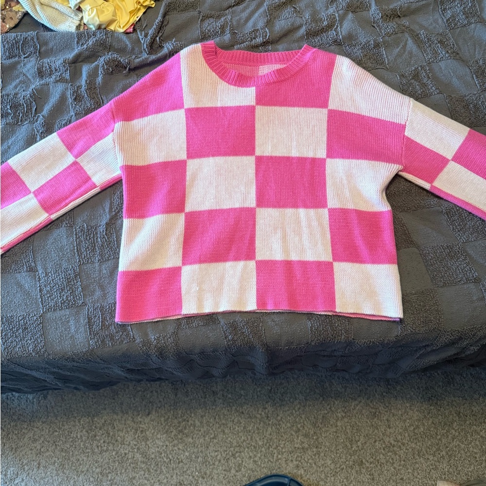 Pink and White Checkered Women's Sweater